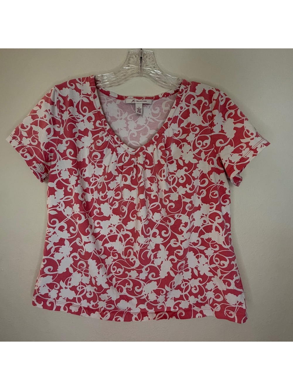 JM Collection Women's Pink and White Floral Pattern Short Sleeve Top Size S